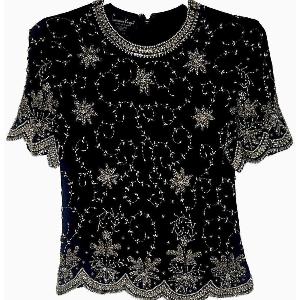 Vtg Laurence‎ Kazar Silk Beaded Blouse XL Black Gold Pearl Scallop Evening Top